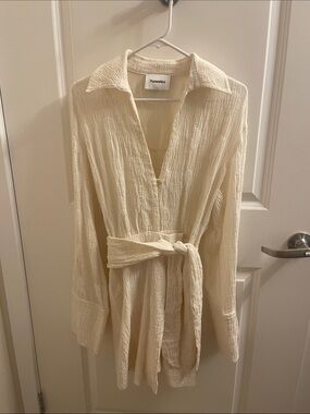 Nanushka Cream Textured Mini Dress with Waist Tie